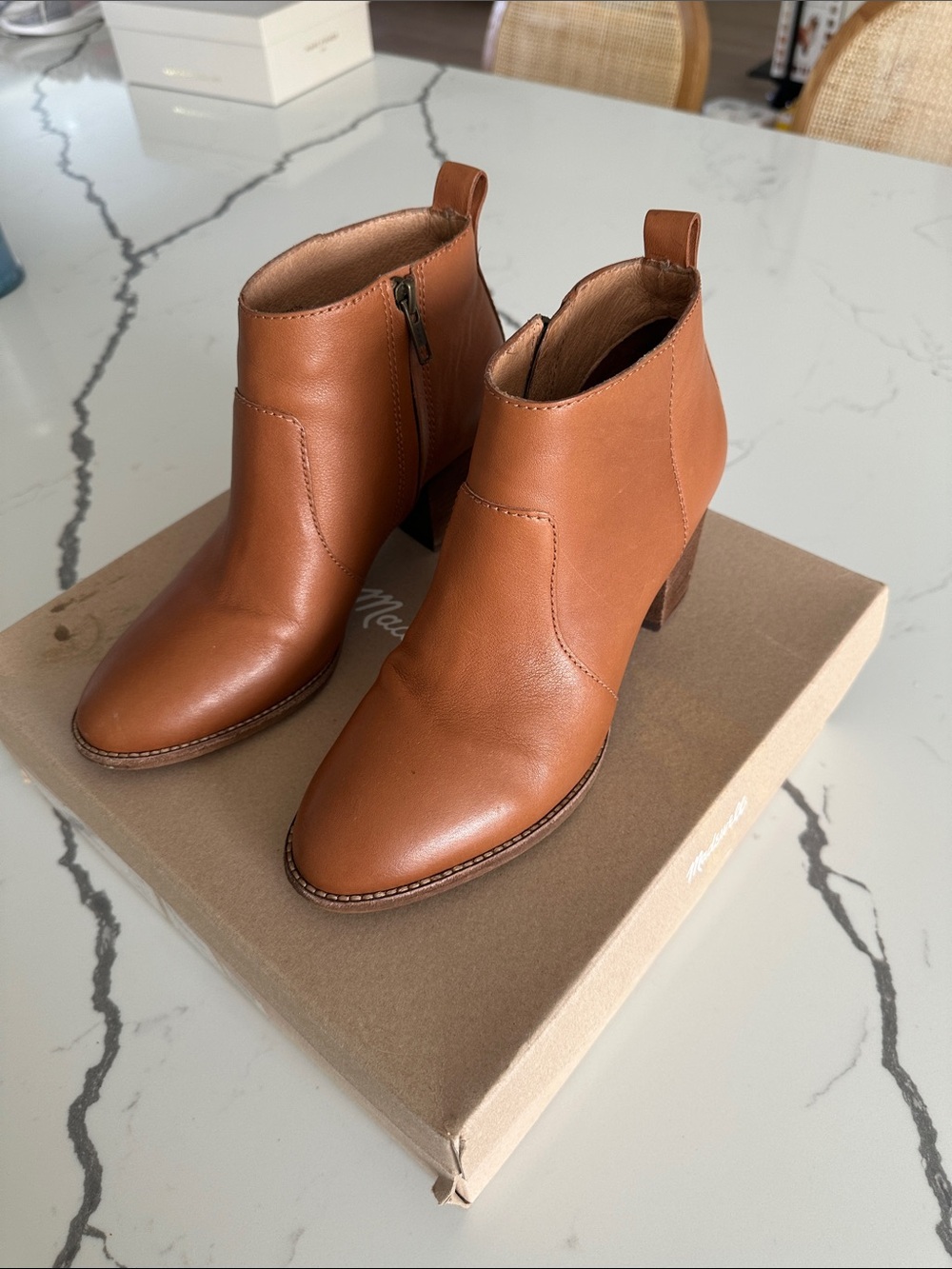 Madewell Cognac Leather Ankle Booties with Side Zip